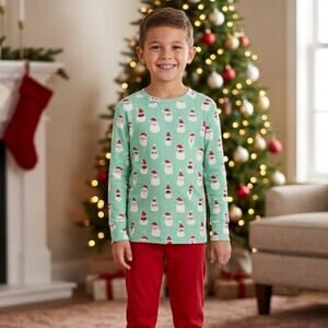 Posh Peanut Bamboo Pajama Top Long Sleeve Christmas Santas Kids 7/8 Green